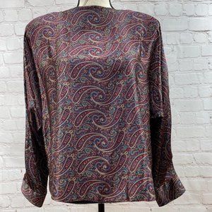 Vintage 100% Silk Paisley Blouse Long Sleeve, Med